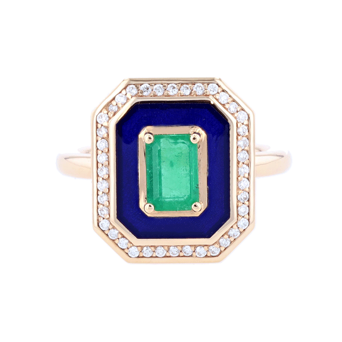 Bague Emeraude Diamant Email Bleu