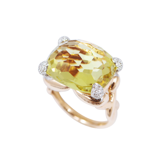 Bague Ancienne Double En Or Jaune 14K Sertie De Diamants Et Quartz Rutile - Taille 57, Très Bon état