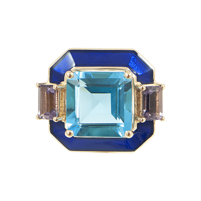 Bague Topaze Bleue Email Bleu